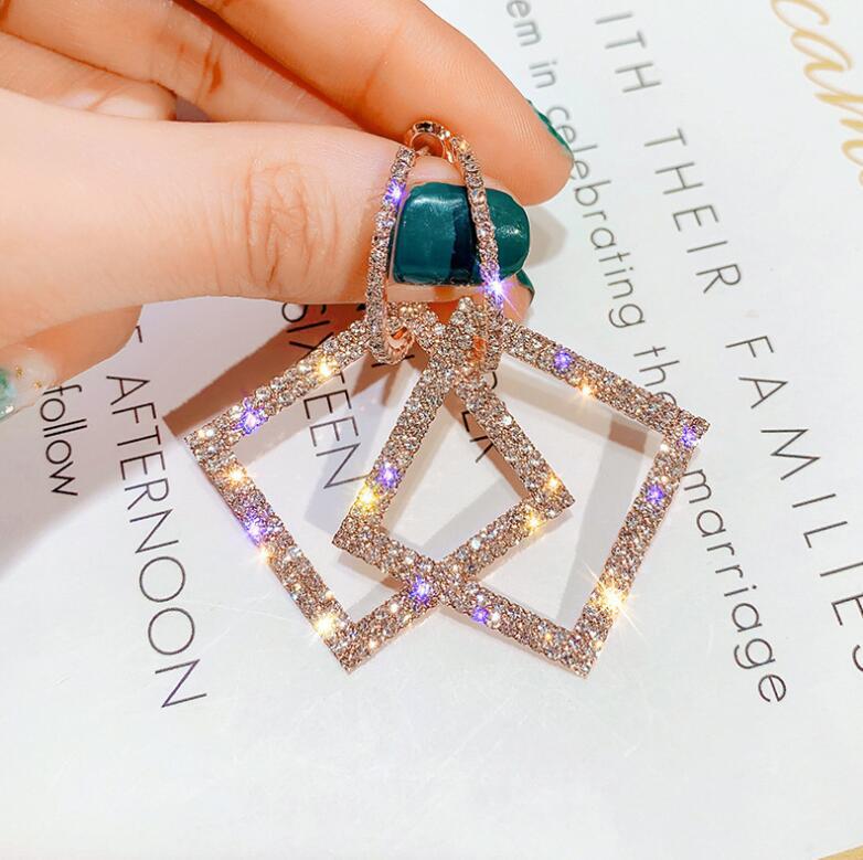 

925 silver pin accessories exaggerated diamond square earrings female Korean long temperament personality wild earrings female