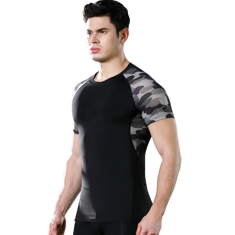 

Men Sports Quick Dry T-shirt Workout Shirt Gym Shirt Running Fitness Sports Clothing Camouflage Color Polyester Top, Green camouflage