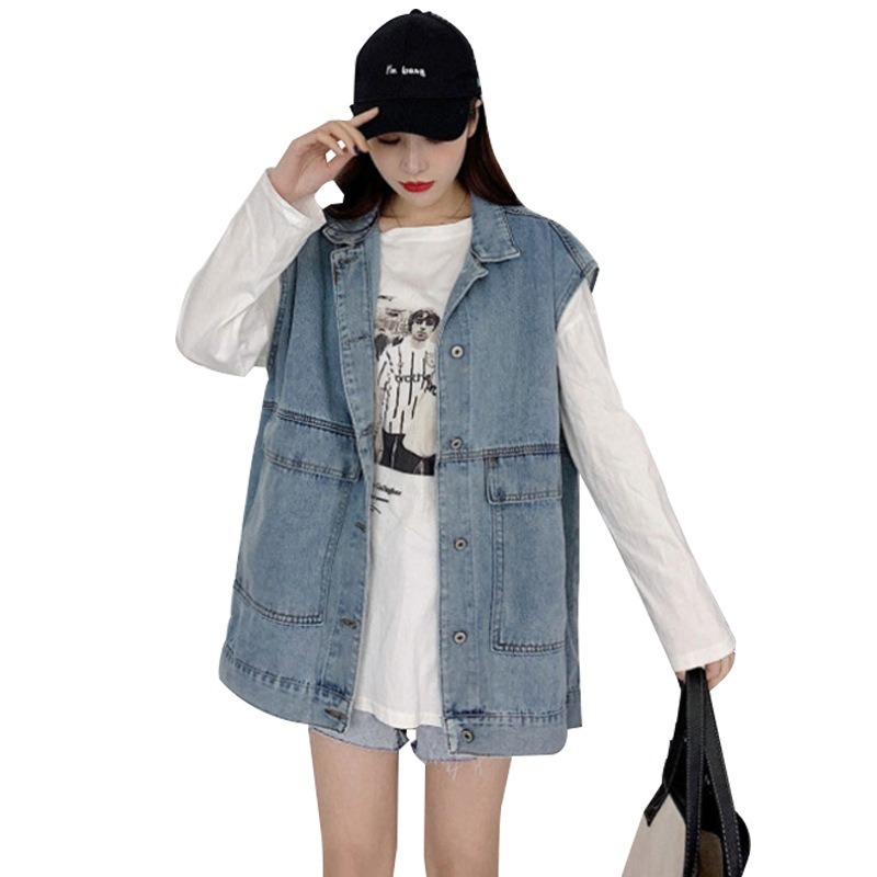 

Tooling Denim Vest Jacket Cotton Button Pocket Spliced Sleeveless Solid Turn-down Collar Single Breasted Autumn Loose Korean Ins, Blue