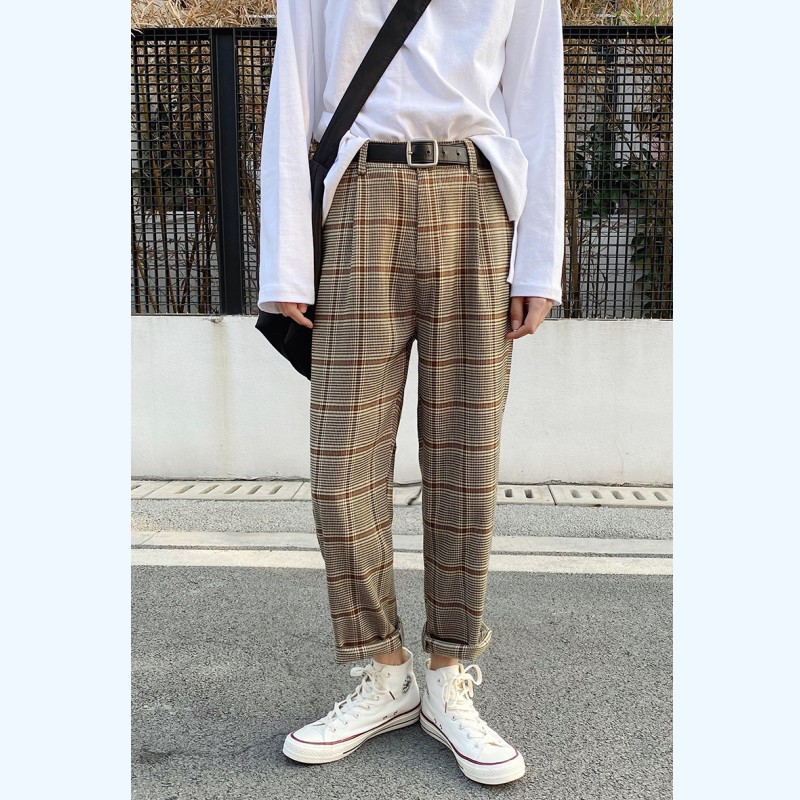 

Korean Men Plaid Pants Ankle Length Straight Pant 2020 Spring Summer Fashion Streetwear Check Causal Loose Trousers Male Sale, Dark grey