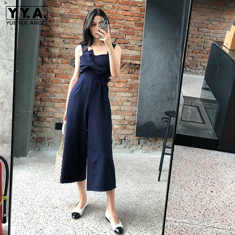 

Summer New Women Straps Jumpsuit Ankle Length Wide Leg Pants Bow Sexy Backless Playsuits Navy Designer Ladies Casual Rompers