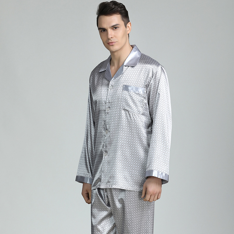 

Pajama Men Sleepwear Imitation Silk Pajamas for Men Sleepwear Sexy Cozy Soft Long Sleeve Nightgown Tops Trousers Two Piece Set, 03