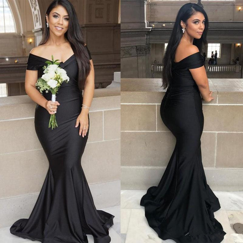 

New Fashion Cheap Black Mermaid Bridesmaid Dresses Off the Shoulder V-neck Zipper Back Maid Of Honor Dress Sweep Train Satin Evening Gowns