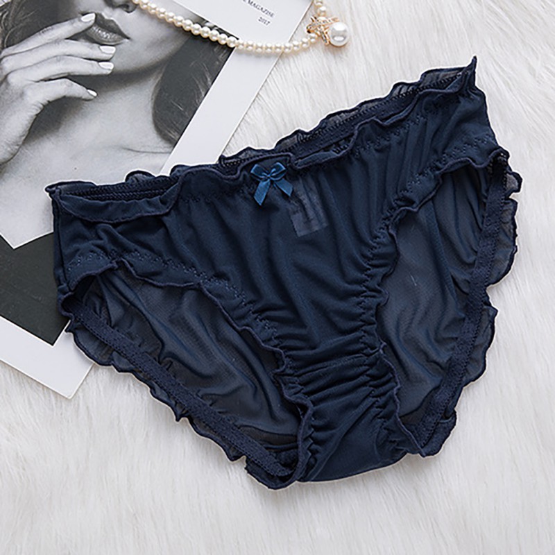 

Women Mid Rise Briefs Solid Color Sexy Transparent Ruffles Decoration Females Panties Quick-drying Panties, Dark blue