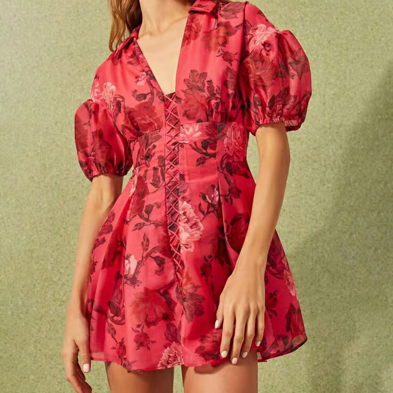 

2020 Red Vintage Flower Print Women Dress V Neck Puff Sleeve High Waist Slim Mini Dresses Female Fashion Summer New, Same as picture