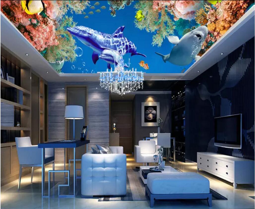 

3d ceiling murals wallpaper custom photo Ocean World Dolphin Whale Coral living room home decor 3d wall murals wallpaper for walls 3 d, Non-woven wallpaper