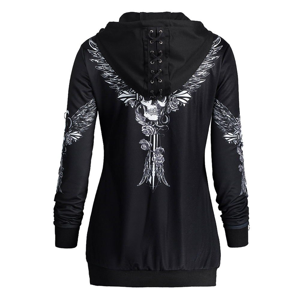 

Gamiss Hoodies Sweatshirt Women Lace Up Hat Skull Wings Print Zip Up Hoodie Punk Style Femme Casual Hooded Pullover Women Top, Black
