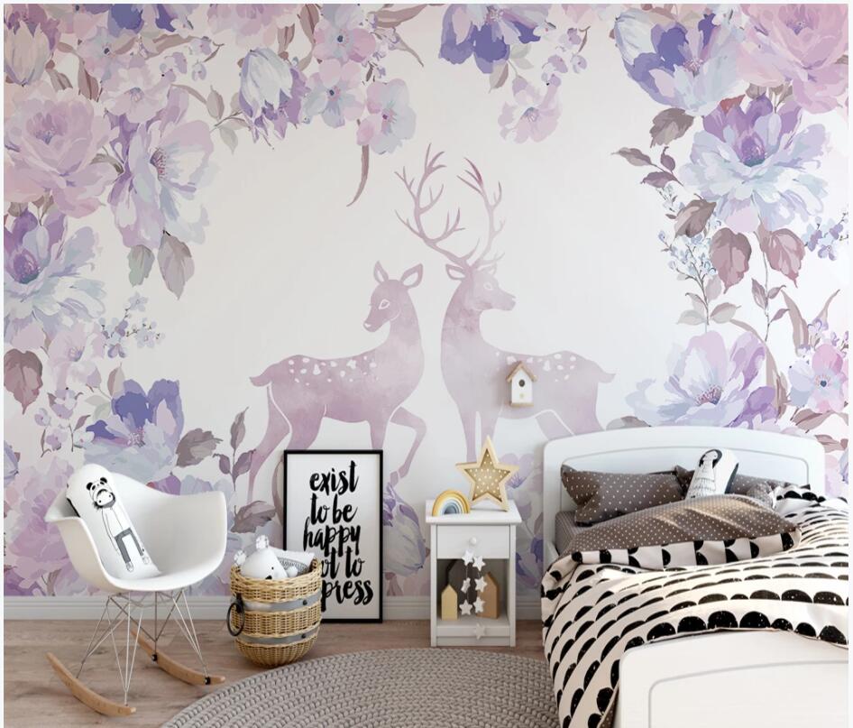 

3d wallpaper custom photo Modern minimalist purple watercolor flower elk children's room home decor 3d wall murals wallpaper for walls 3 d, Non-woven