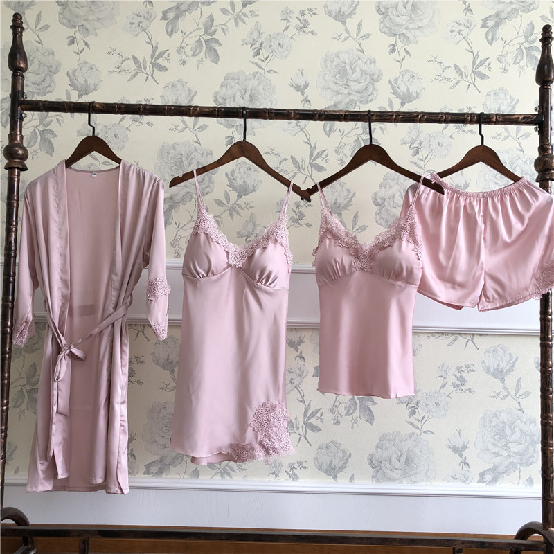 

Satin Homewear Wedding Robe Set Kimono Gown Women SEXY Bathrobe Home Clothing Intimate Lingerie Casual Pink Nightwear Sleepwear, Champagne