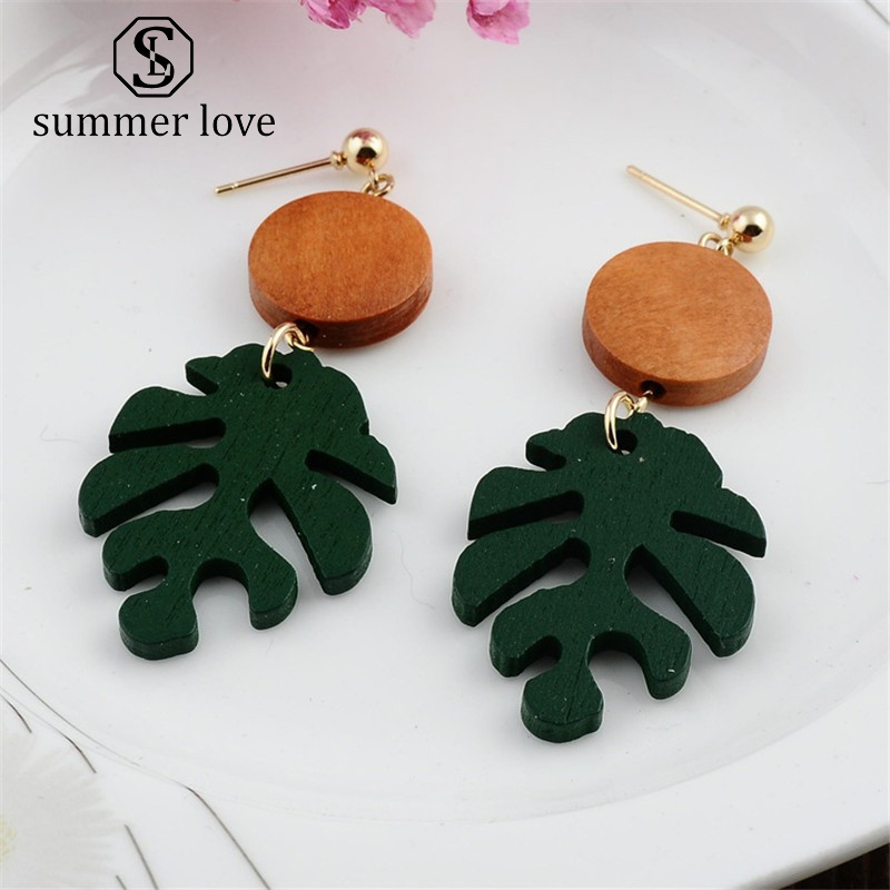 

Newest Green Wooden Fish Bones Retro Dangle Earring For Women Sen Fresh Green Leaves Popular Earrings