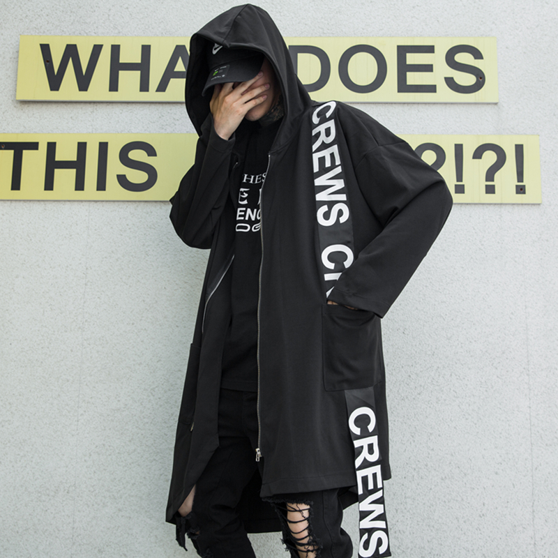 

Drop shipping men black irregular hem hip hop hooded trench coat with back chains man vintage gothic zipper cloak long jackets