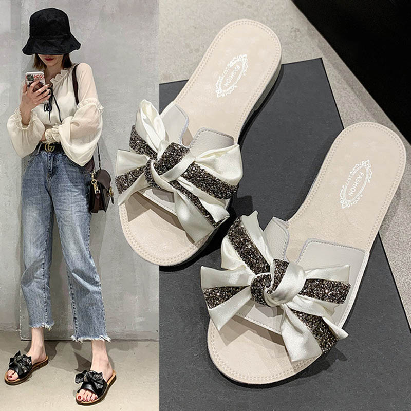 

Fashion Butterfly-knot Rhinestone Women's Slides Summer Outdoor Shining Sandals Female Casual Leather Slippers Size 35-40