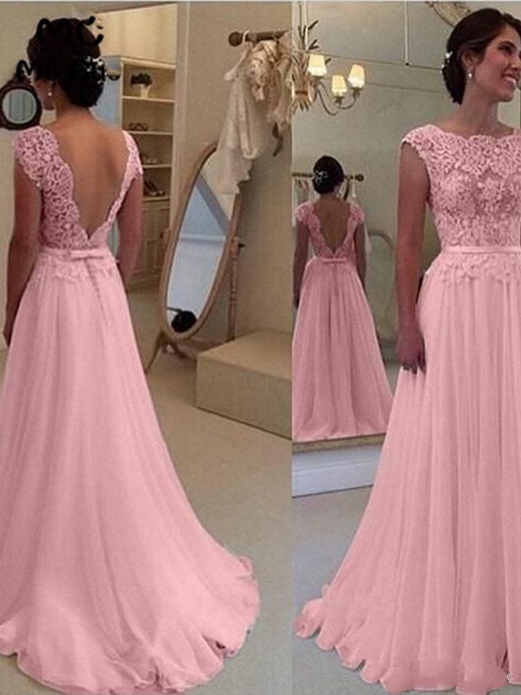 

Pink Sheer Lace Long Prom Dresses A Line Chiffon Evening Gown V Backless Tulle Vestido de festa Formal Party Gowns Custom Made