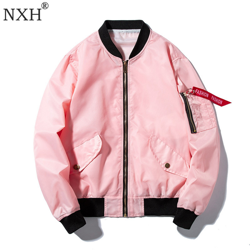 

NXH Thin 8 Colors available Couple Colorful Bomber jaket Pink White Streetwear Spring and Autumn Baseball Coat Pilot jacket, Pink hooded