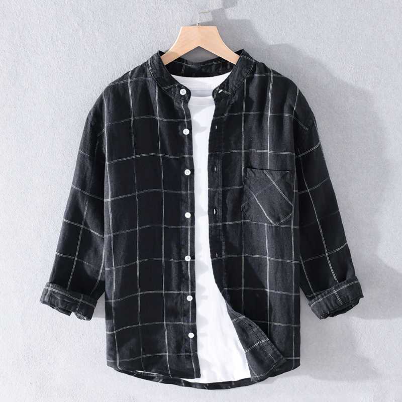 

100% Linen three-quarter sleeved large plaid summer shirts men brand casual stand collar shirt for men fashion shirt mens camisa, Black
