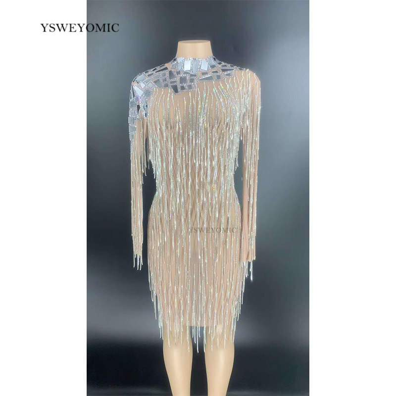 

Silver Rhinestones Fringe Transparent Mirror Dress Long Sleeves Women Dancer Dress Birthday Outfit Sexy Short, As pic