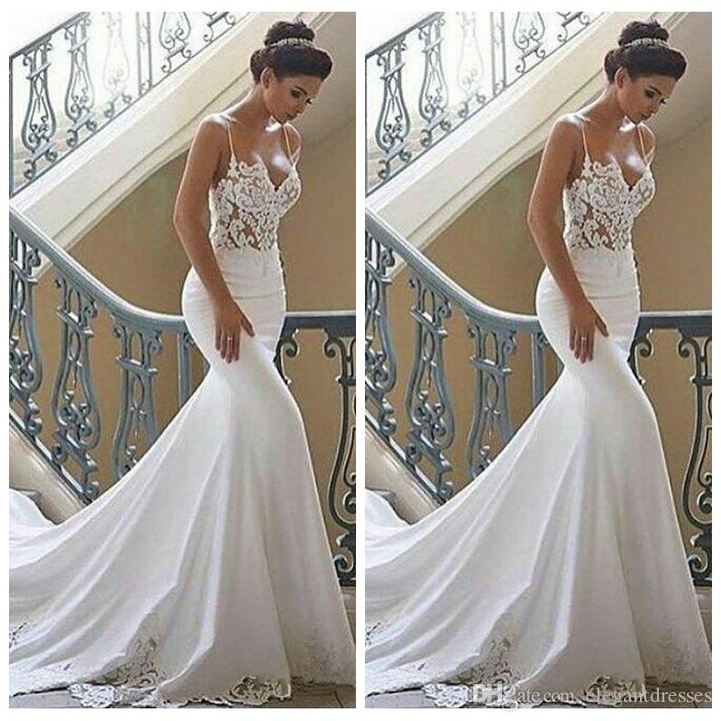 

Sexy Elegant White Spaghetti Strips Mermaid Wedding Dresses Lace Appliques Slim Chapel Train Bridal Gowns Vestidos De Marriage Slim Garden, Daffodil