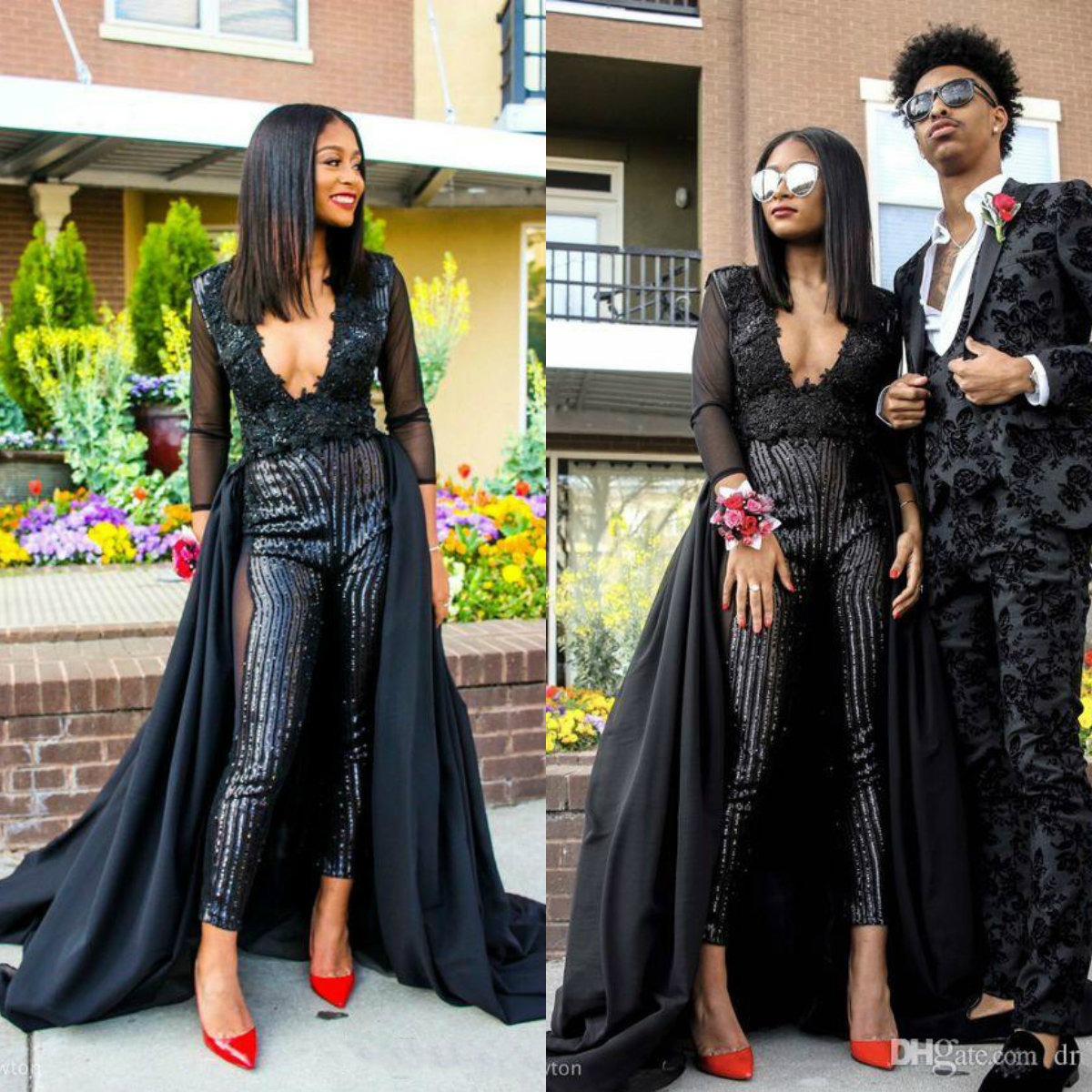 

Black Women Jumpsuit With Long Train Evening Dresses Deep V Neck Appliques Sequins Prom Dress Party Zuhair Murad Dress Vestidos Festa Long, Gray