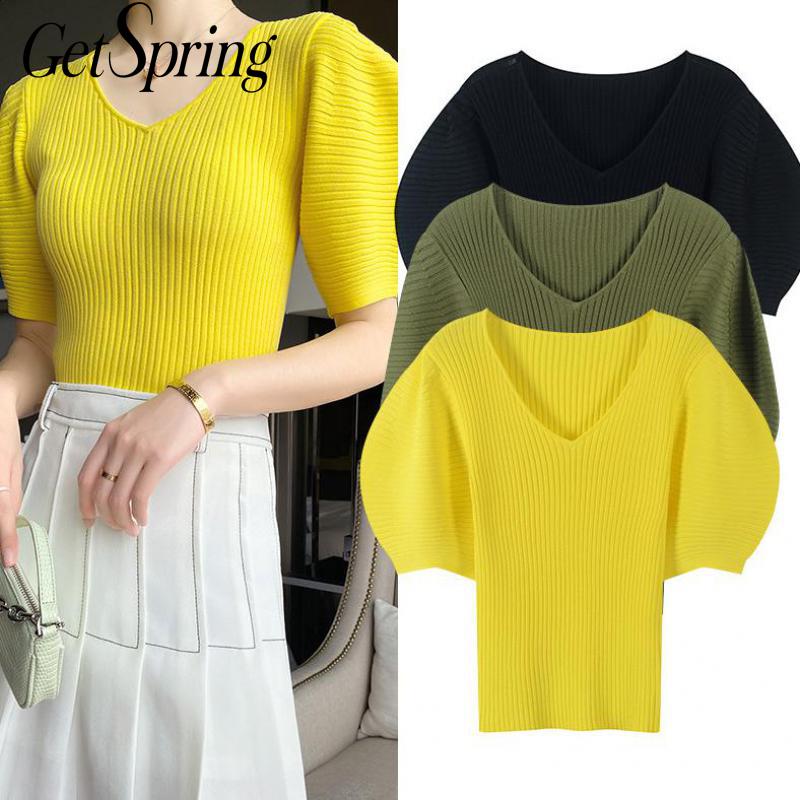 

GETSPRING Women T Shirt V-Neck Puff Sleeve Short Vintage T Shirt Yellow Black Green All Match Summer T-shirt Women Clothes 2020