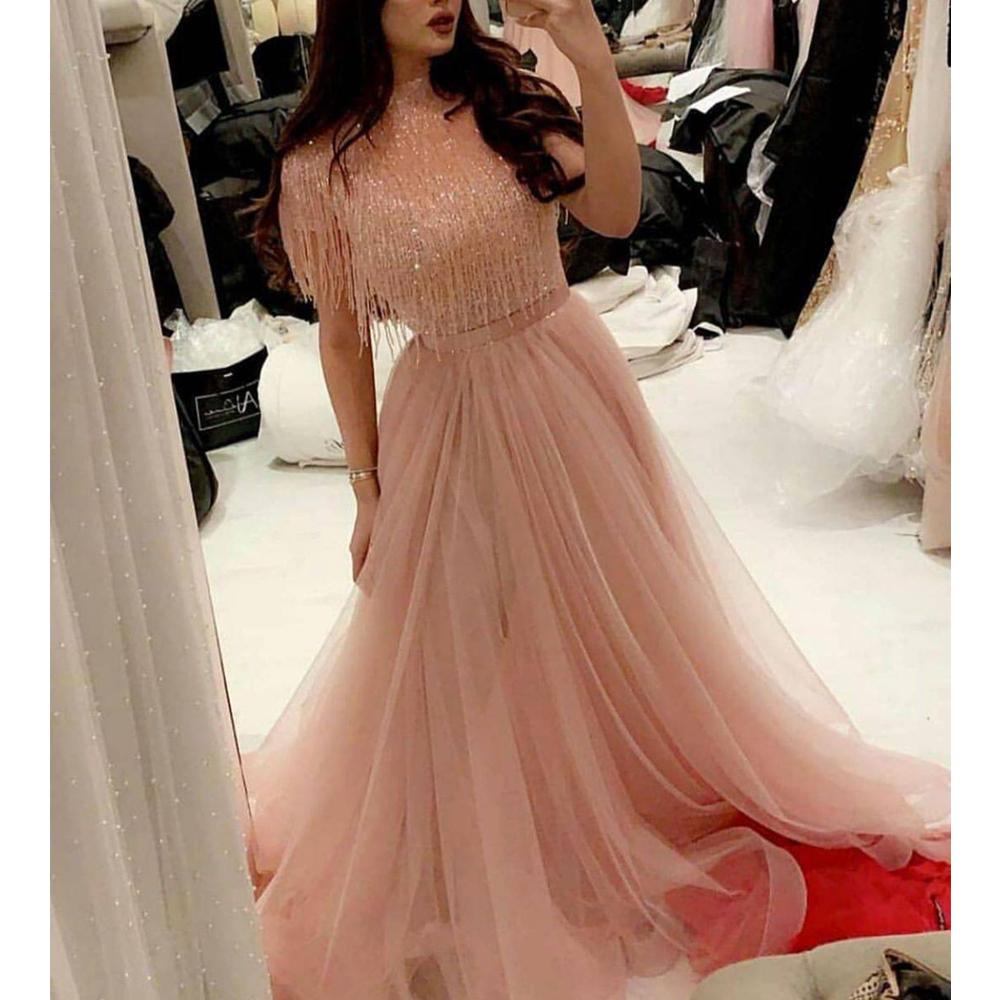 

Arabic Pink Prom Dresses 2020 Tassel Beading Tulle Floor Length A Line Evening Dresses vestido de formatura Formal Dresses Gowns, Fuchsia