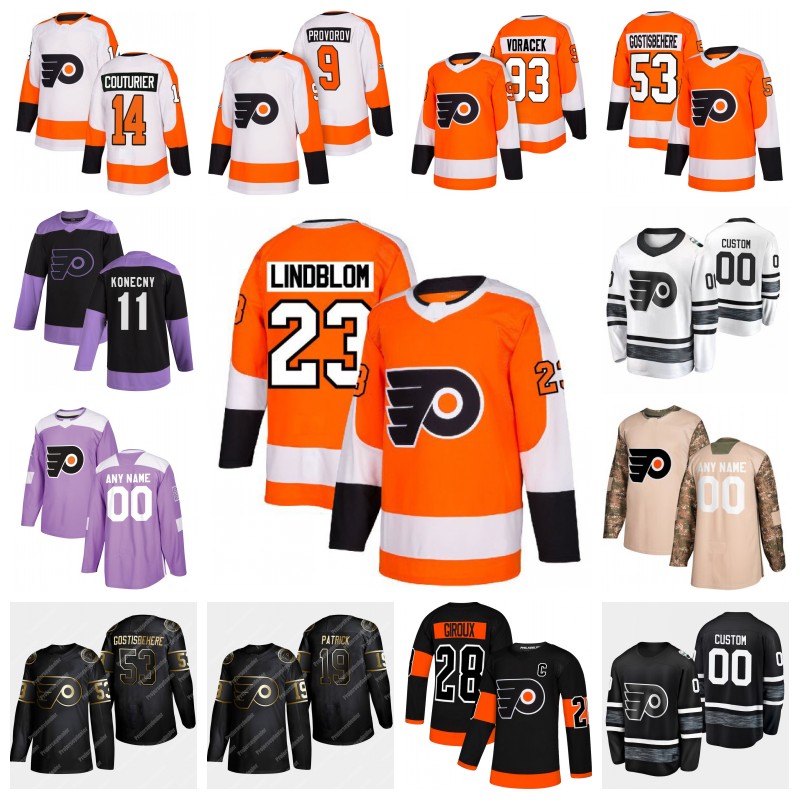 

Womens Philadelphia Flyers Carter Hart Claude Giroux Oskar Lindblom Sean Couturier Jakub Voracek Shayne Gostisbehere Nolan Patrick Jersey, Black;red