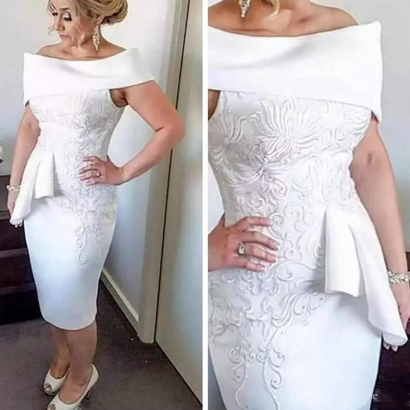 

White Stunning Embroidery Applique Knee Length Cocktail Dress 2020 Sheath Off-shoulder Peplum Short Prom Mother Dress