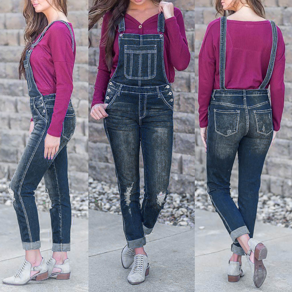 

Women Casual Denim Bib Pants soft and comfortable Hole Overalls Jeans Straps Demin Trousers Rompers L50/0130