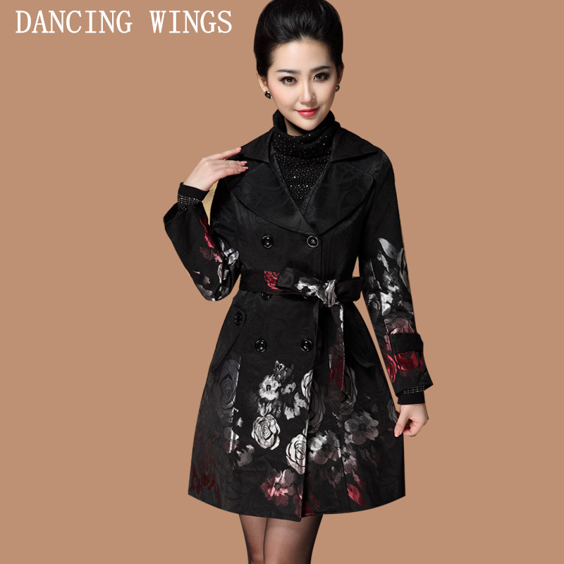 

2019 Spring Fashion Trench Coat for Woman Rose Jacquard Coat Women' Windbreaker Size -4XL Womens Black Trench AC-59