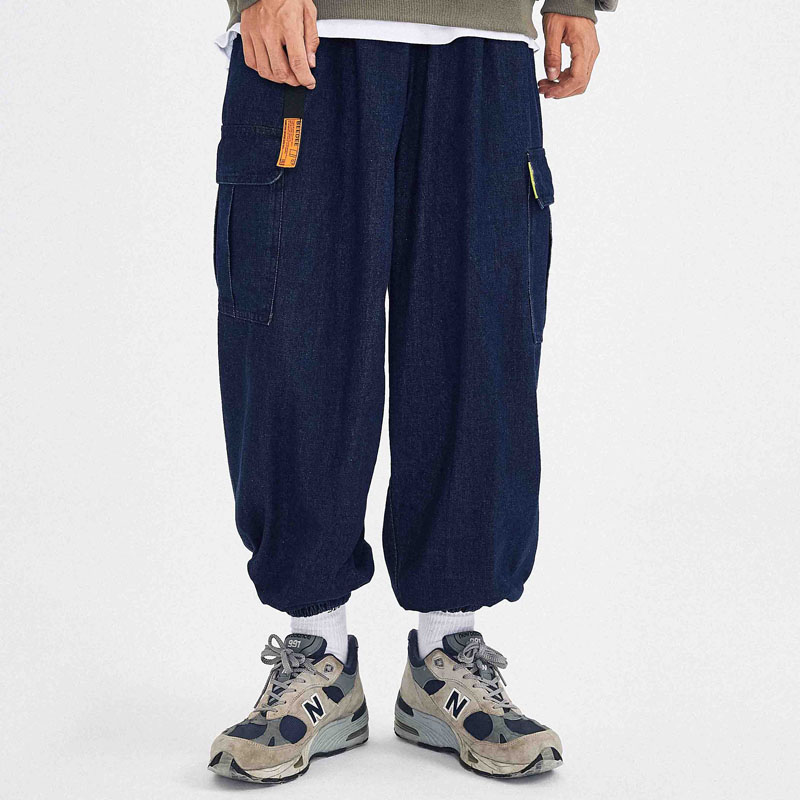 

Men Washed Pocket Cargo Jeans Male Streetwear Hip Hop Loose Casual Denim Pant Harem Trousers, Blue
