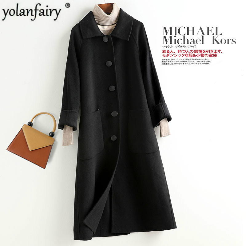 

2020 Wool Coat Female Long Jacket Spring Autumn Double-faced Woolen Coat Women Overcoat Korean Manteau Femme KQN30153 KJ4796, Black