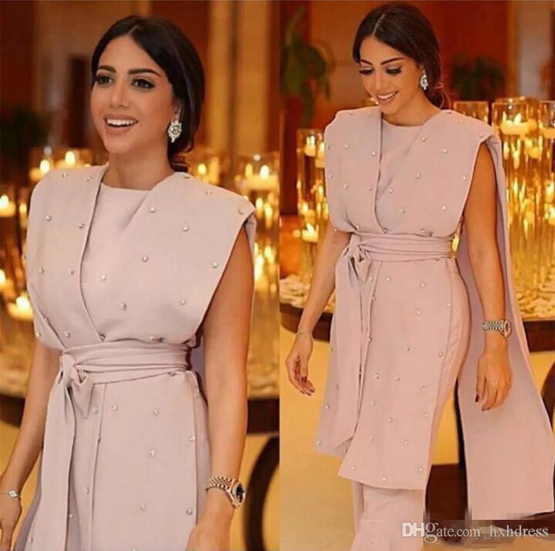 

2019 New Formal Pink Evening Dresses Sleeveless Cape Beaded Sashes Jumpsuit Pearls Beaded Modern Arabic Dubai Formal Suit Party Prom Gowns, Gold