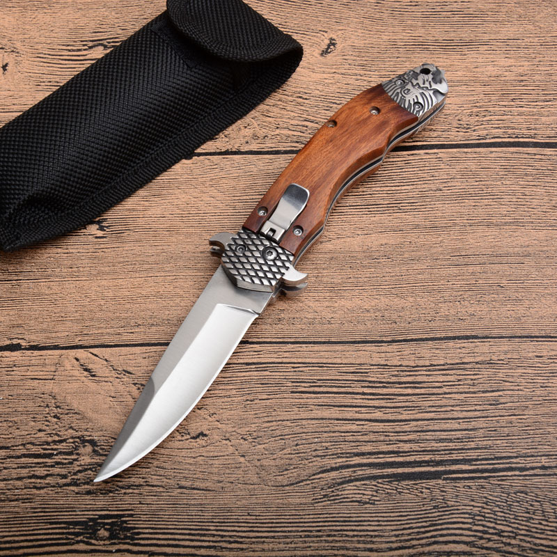 

Promotion Lion Auto Tactical Folding Knife 8Cr13Mov Satin Blade Wood Handle Outdoor EDC Pocket Knives With Nylon Sheath