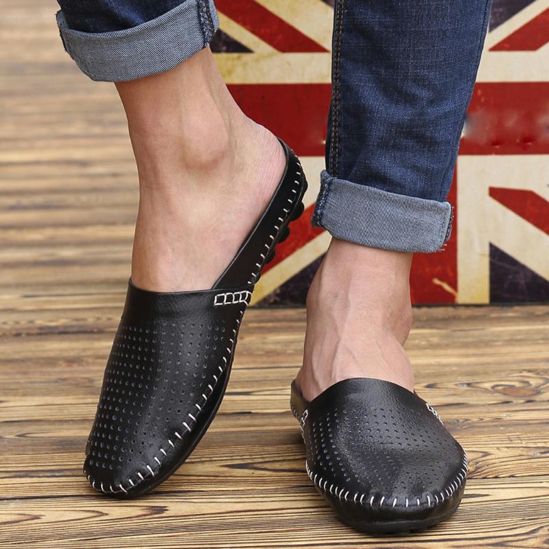 

SAGACE slippers Men's Summer Fashion Genuine Leather Flat Shoe Breathable shallow Casual Soft Hollow playa slippers men2020Feb21, Black