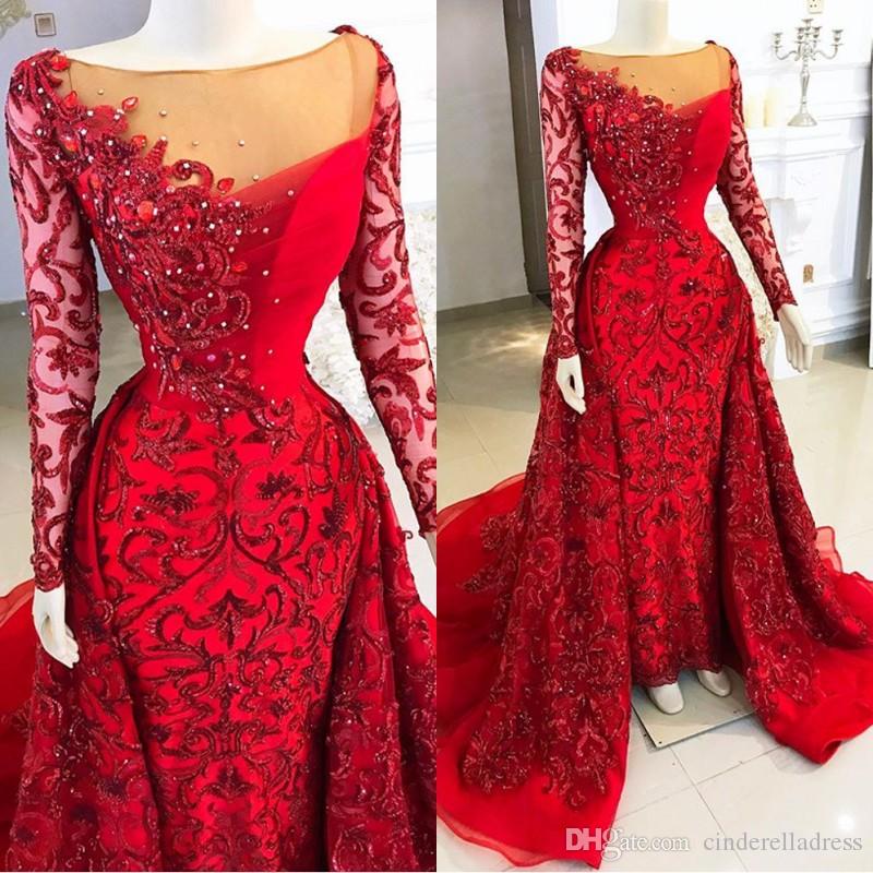 

Red Long Sleeve Prom Dresses Scoop Mermaid Lace Beaded Applique Backless Evening Gowns With Removable Train, Daffodil