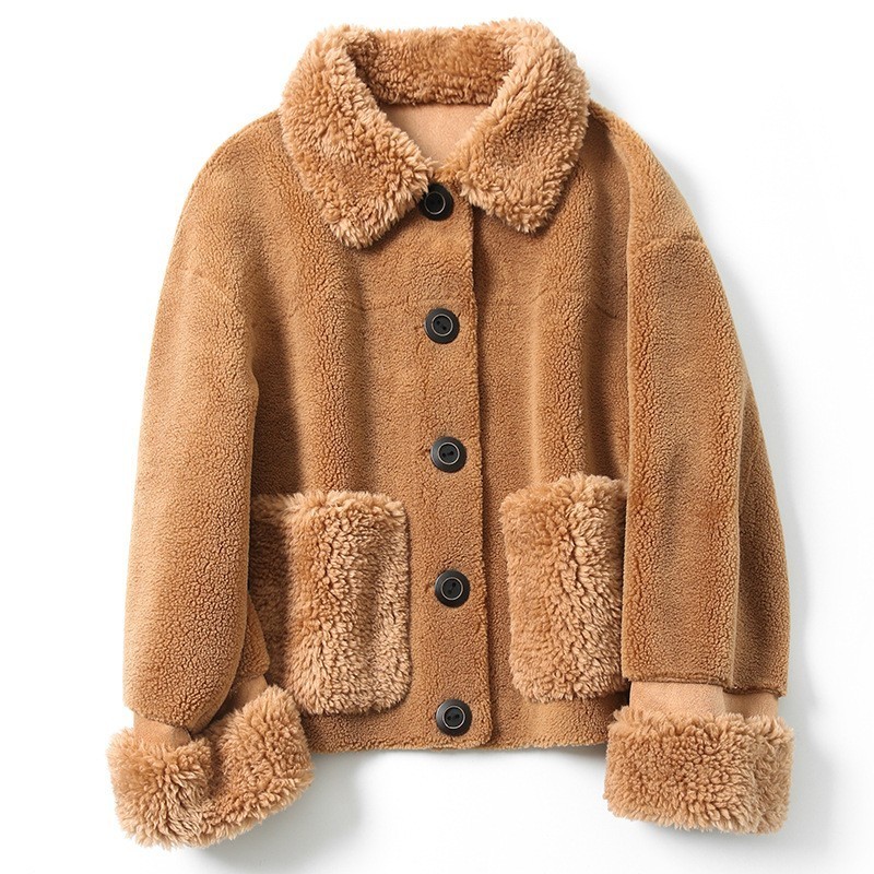 

Autumn Winter Korean Real Wool Fur Coats Women Fashion Pocket Single Breasted Lamb Fur Short Jackets Ladies Warm Casual Clothing