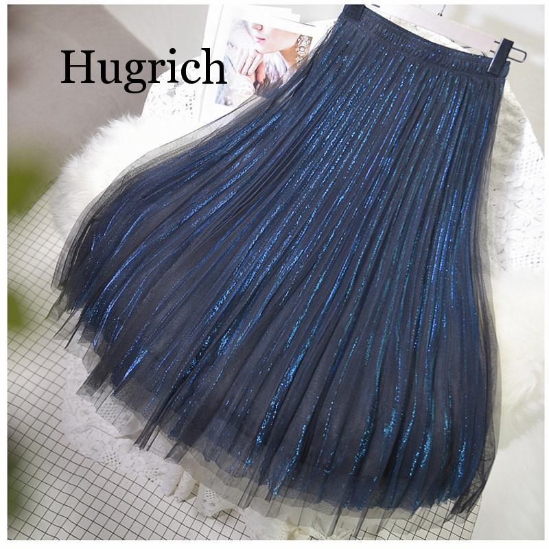 

Women's 3 Layer Bright Tulle Skirt Ladies High Waist Shining Bling Tutu Skirt Pleated Mesh Midi Skirts Saias 2020 Spring, Green