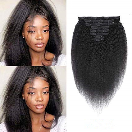 

Clip in Hair Extensions Kinky Straight Virgin Human Hair Full Head Yaki Thick End 8 Pieces/Lot 120g with 16 Clips (12", Kin