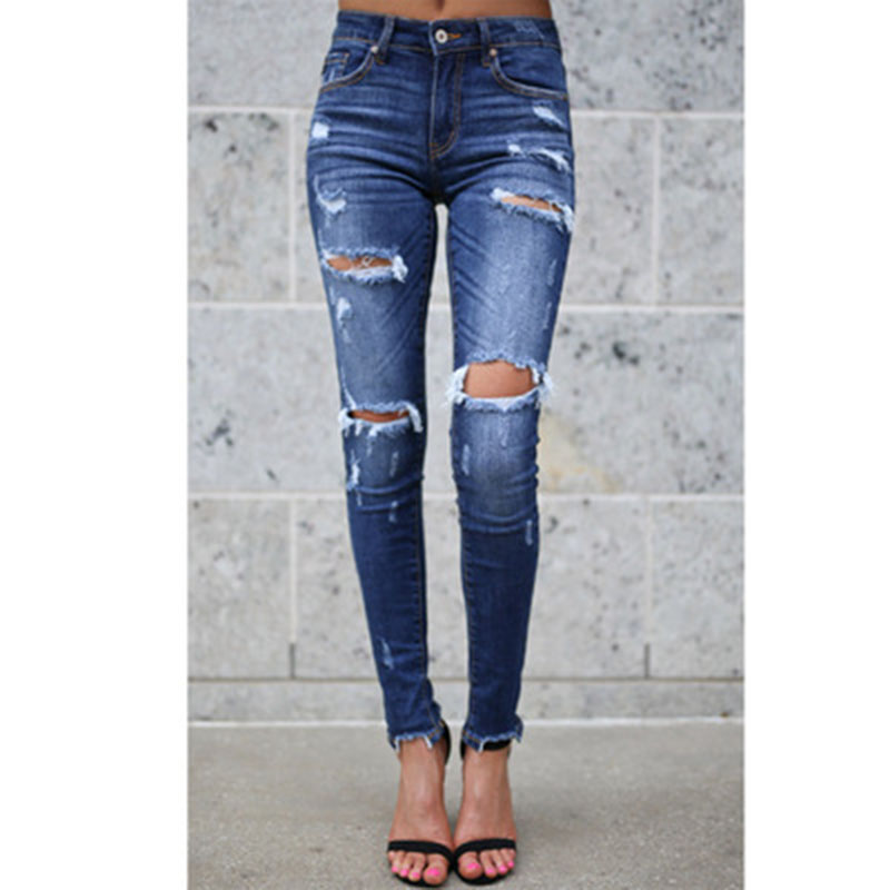 

2020 Fashion Women High Waist Jeans Pants Elastic Holes Denim Jeans 4 Season Pencil Pants Ripped Women' Casual Trousers