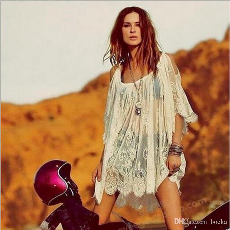 

2017 Women Beach Dress Sexy Strap Sheer Floral Lace Embroidered Crochet Summer Dresses Hippie Boho Dress Vestidos Beach Wear, White