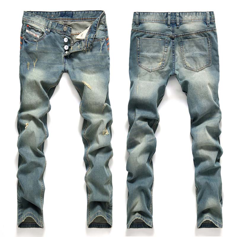 

Men Casual Jeans Distressed Vintage Scratched Button Fly Vintage Print Denim Knee Holes Jeans, T-8873