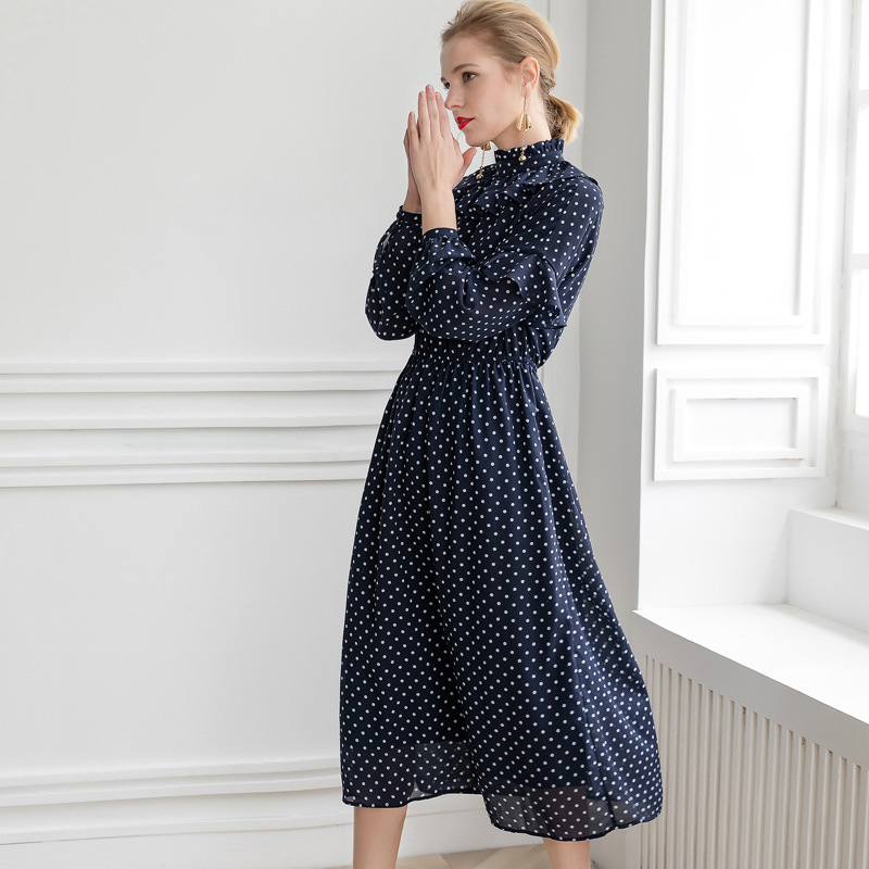 

New Krean Fashion Dress 2019 Spring Summer Style Women Stand Neck Polka Dot Print Ruffles Long Sleeve Mid-Calf Casual Dress Blue, Black
