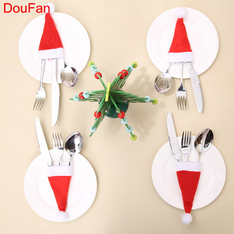 

5pcs 13*6cm Santa Hat Christmas Fork Bag Christmas Tableware Silverware Holders Pocket Dinner Home Table Decor Red Hat