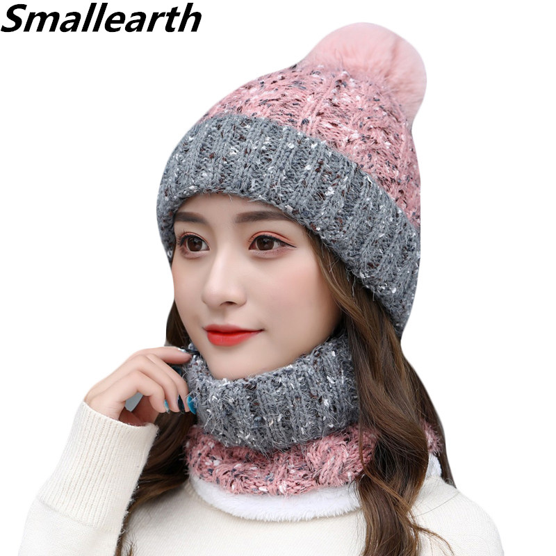 

New Winter Women's Hat Scarf Set Thick Hat And Scarf For Women Warm Pompoms Beanies For Girls Winter Plush Hats Ring