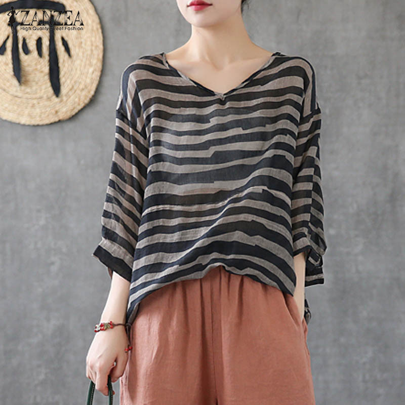 

Summer Vintage Striped Shirts ZANZEA 2020 Women V neck 3/4 Sleeve Blouse Casual Loose Blusas Femininas Tunic Tops Robe Femme Tee, Black