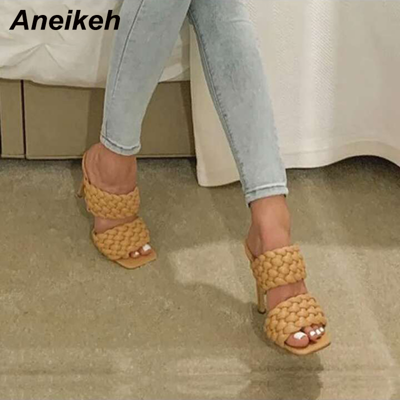 

Aneikeh 2020 PU Leather Braided High Heel Slippers Women Runway Party Shoes Woman Cross Wove Folds Mules Sexy Thin Heel Slippers, Apricot