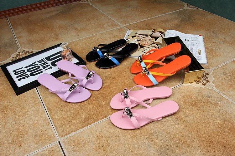 

u579 34 GENUINE LEATHER BUCKLE FLIP FLOPS SANDALS black pink violet orange, Orange/ask size first