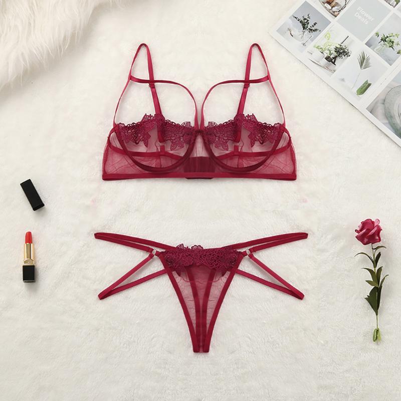 

New Women' Lace Hollow Openwork Sexy Perspective Women Underwear Set Elasticity Underwear No Chest Pad 1.22, Blue