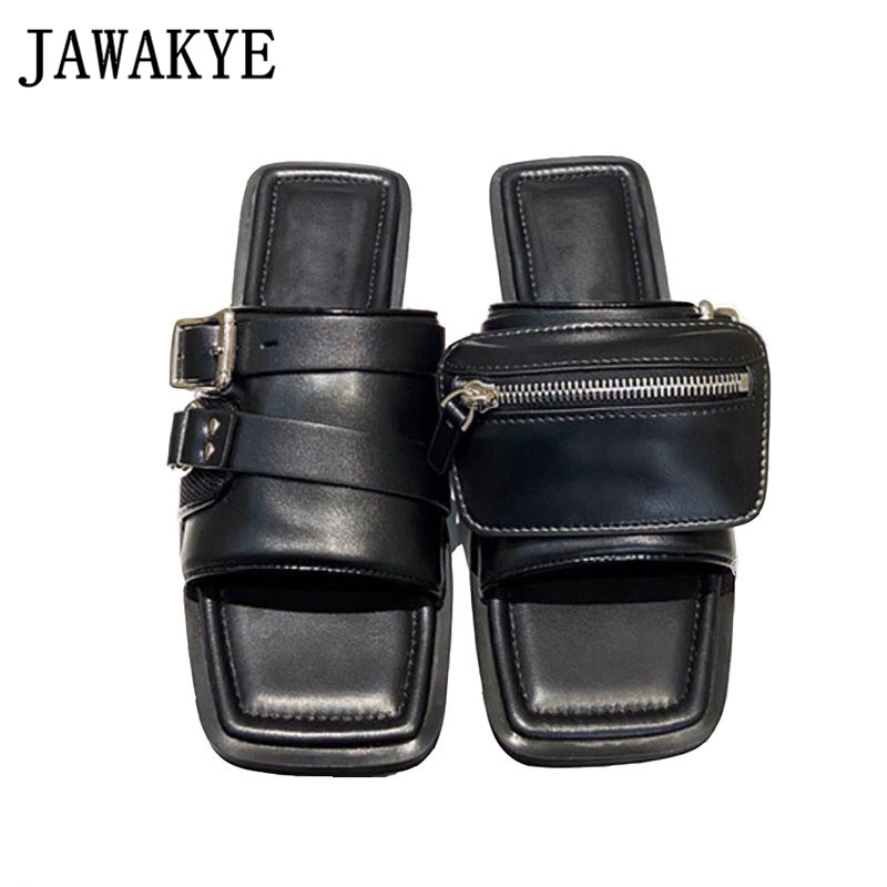 

Stylish Black Leather Slippers Summer Flat Heel Coin Purse Decor Open Square Toe Mules Casual Ladies Slides Shoes Women