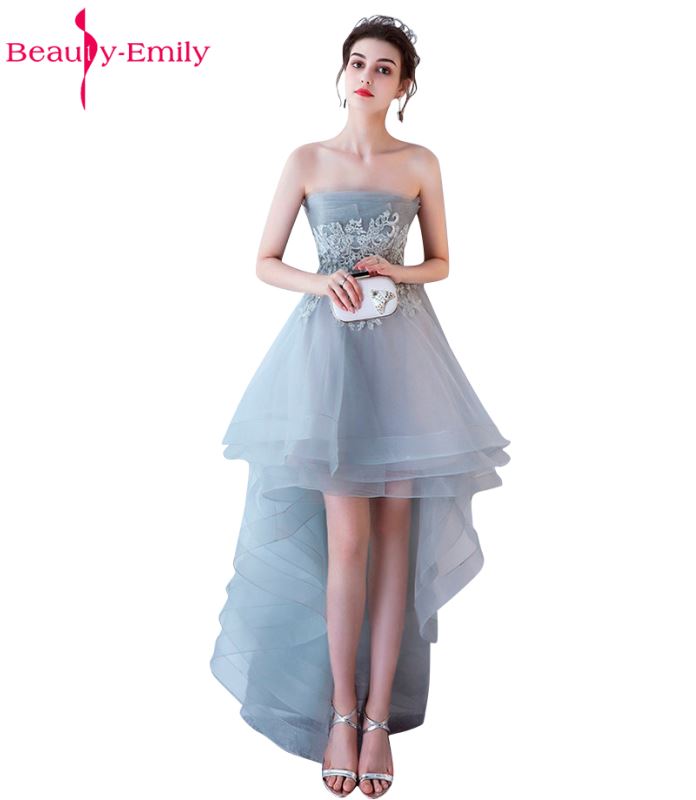

Party Dresses Beauty-Emily Grey Evening 2021 Sexy Strapless Tulle Appliques Lace-Up Beach Prom Dress Built-In Bra Gowns, Gray