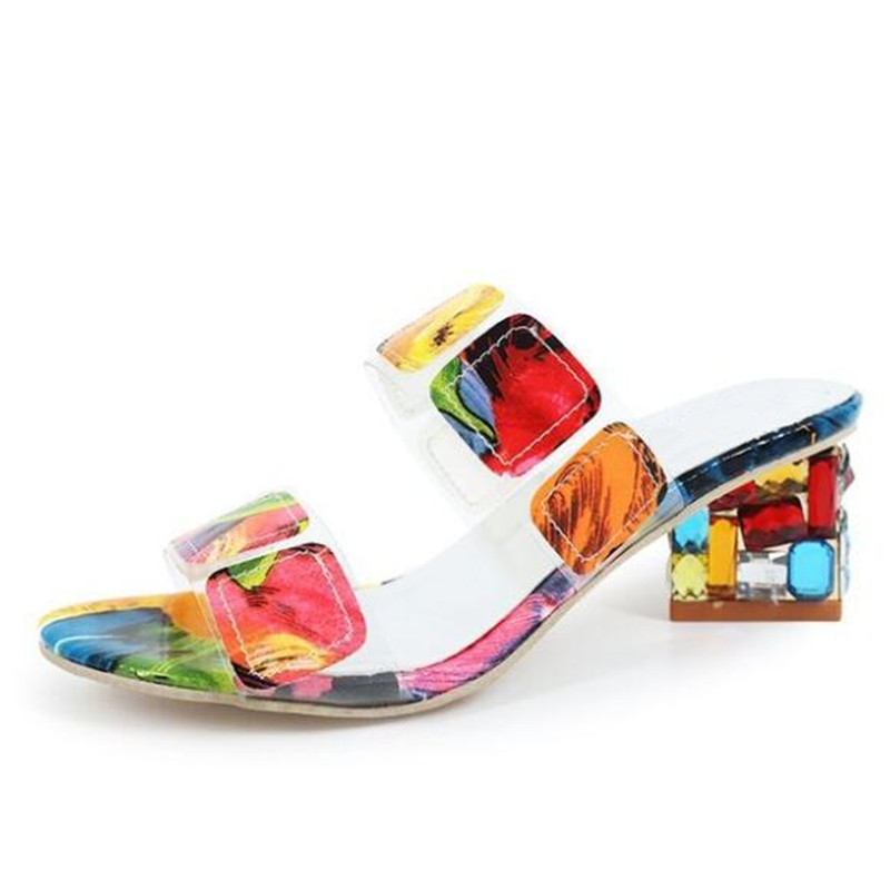 

Elegant Silppers 2020 New Summer Mixed Color High Heel Sandals Rhinestone Fish Mouth Sandals Women Casual Shoes Comfort